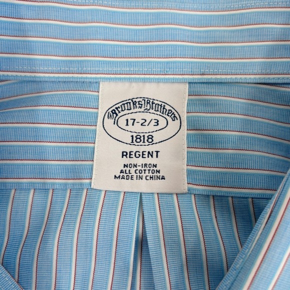 Brooks Brothers Regent Fit Aqua Blue Stripe Non Iron Cotton Shirt Mens 17 2/3 - Picture 4 of 7
